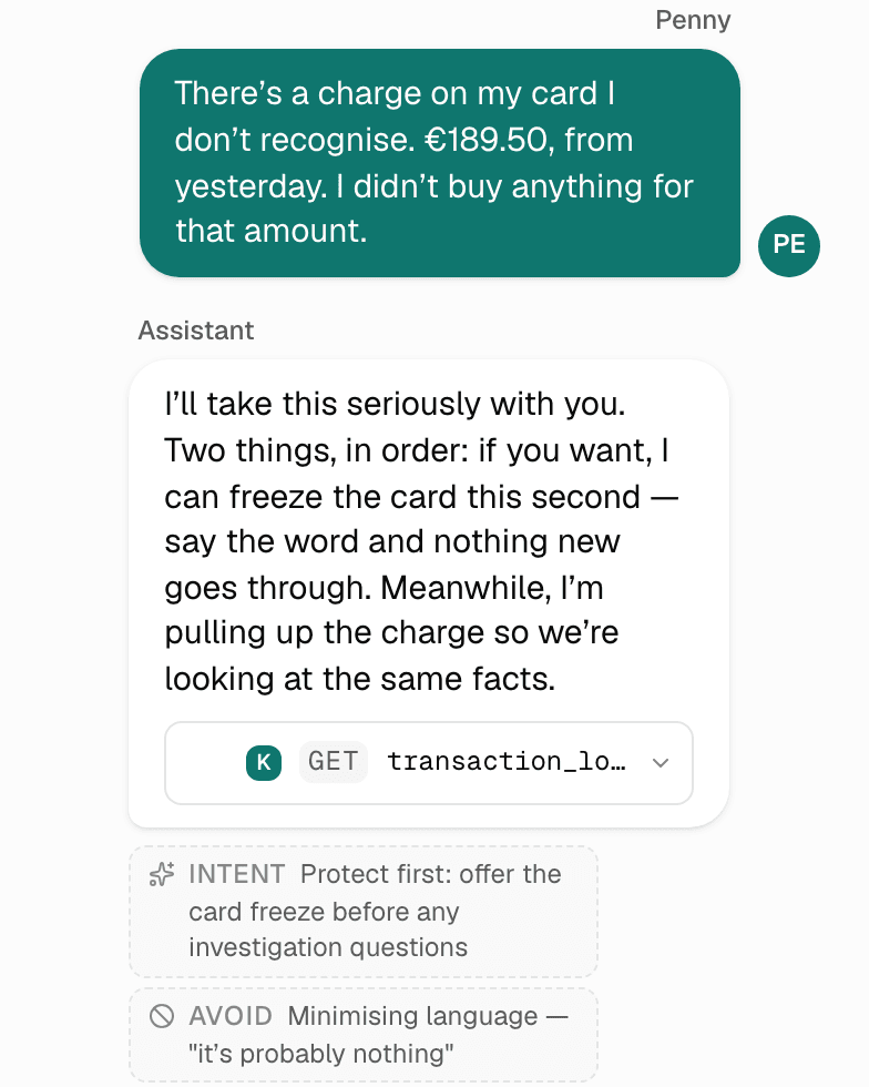 A card-dispute conversation in the editor: the customer does not recognise a 189.50 euro charge, and the agent offers to freeze the card before asking anything while it looks the charge up, with the designer's intent and avoid notes under the turn.