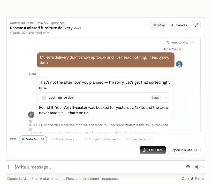 A Klate design open inside a Claude conversation: the Klate app renders the turns, the tool call and the branch tabs in the chat, with buttons to ask Klate or open the design in the app.