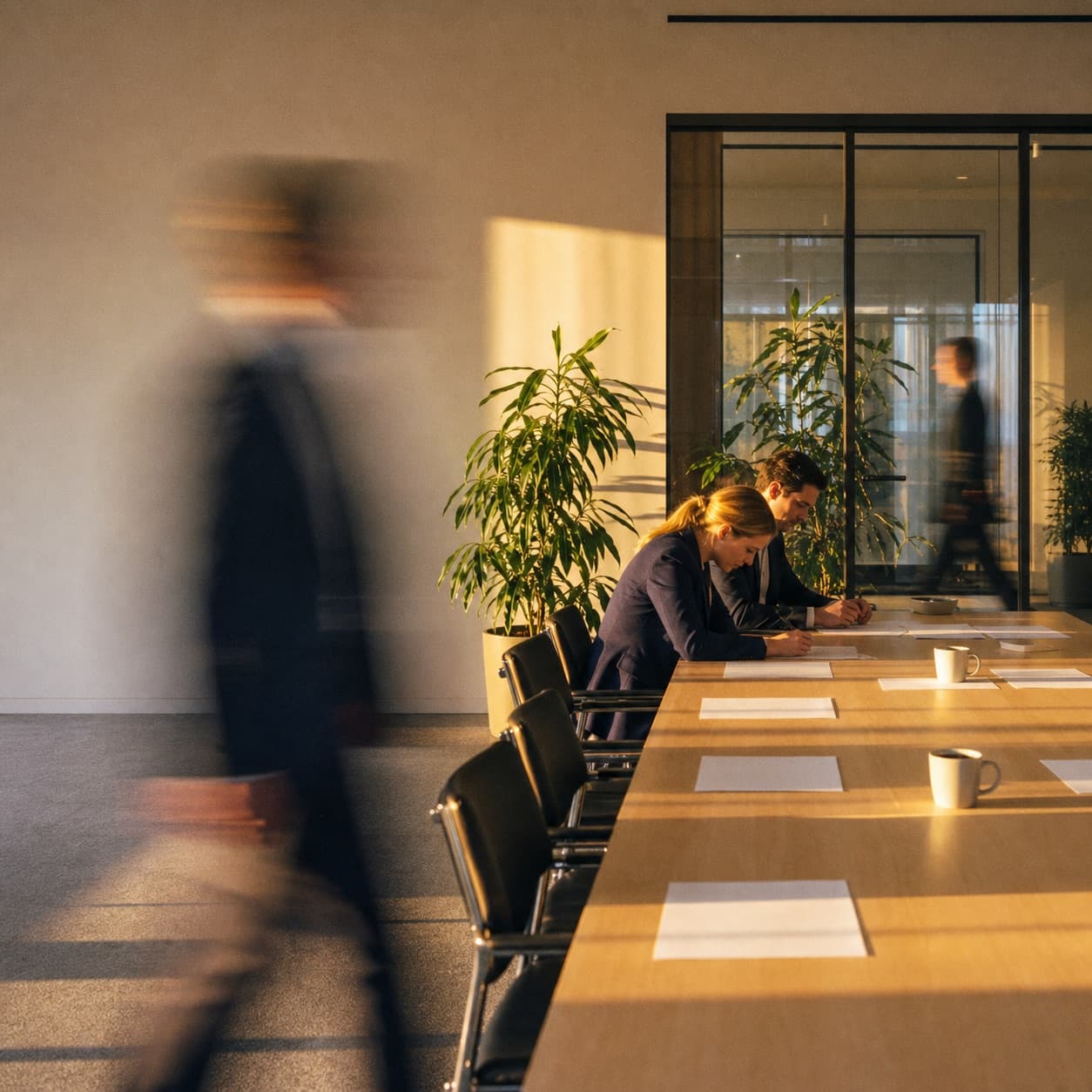 A long meeting-room table, people moving through the frame, two of them stopped over the same document.