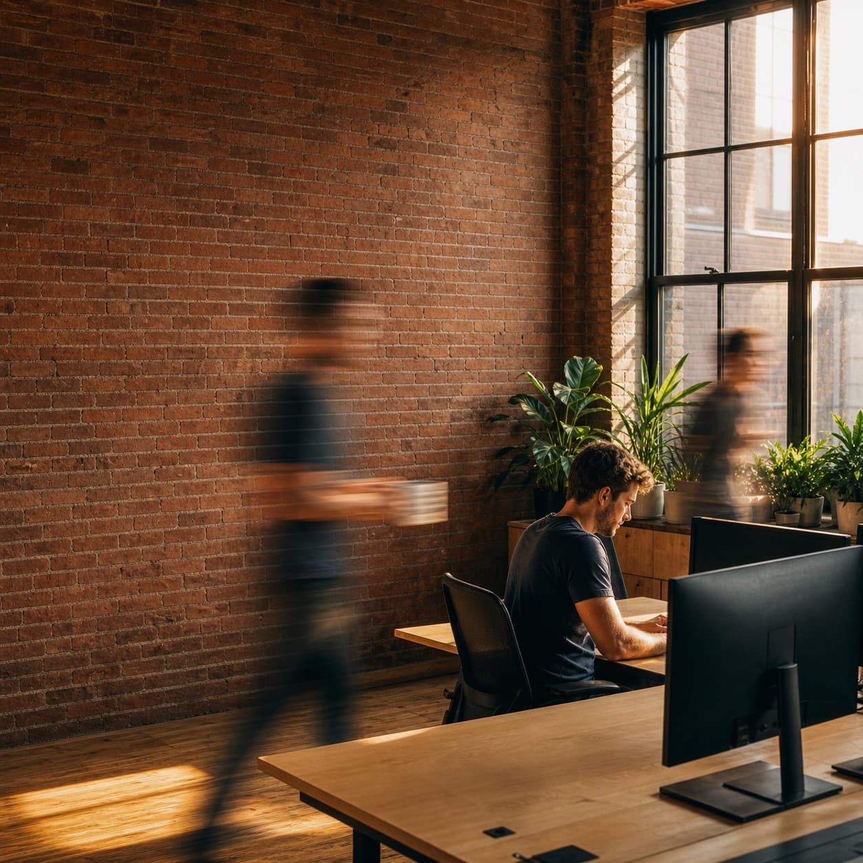 A build floor: monitors along the window, people crossing between them.