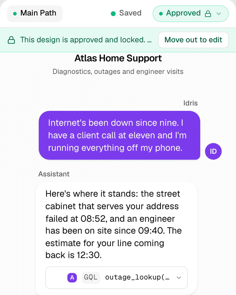 A broadband-outage design that has just been approved: the phase reads Approved with a padlock and the banner says the design is approved and locked, above the customer's message about a client call at eleven and the agent's reply with its outage lookup.