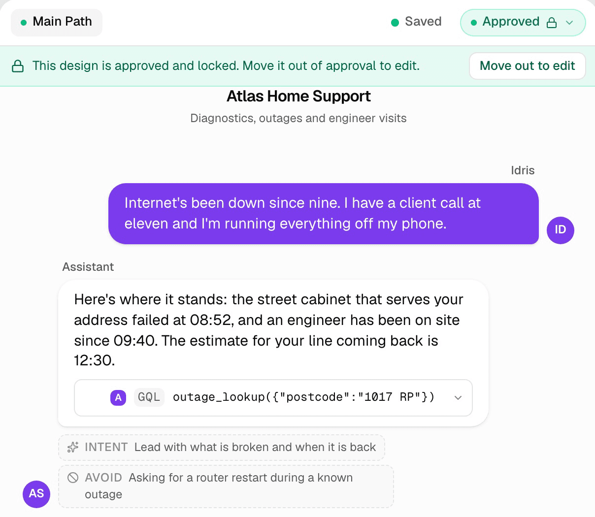 A broadband-outage design that has just been approved: the phase reads Approved with a padlock and the banner says the design is approved and locked, above the customer's message about a client call at eleven and the agent's reply with its outage lookup and design notes.