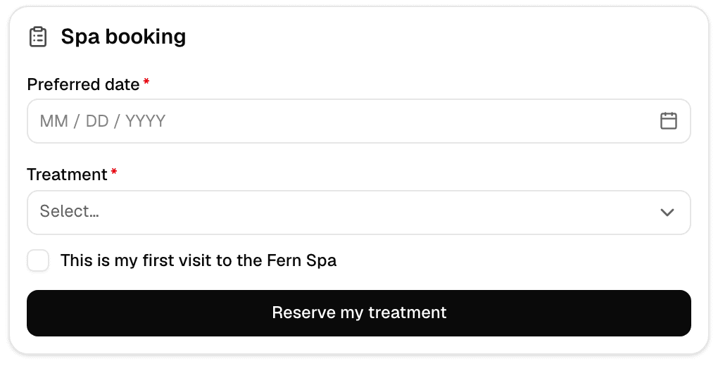 A spa-booking form inside the same conversation: preferred date, treatment, a first-visit checkbox and a reserve button.