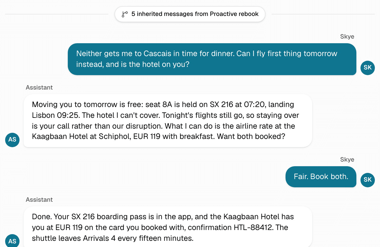 A same-day delay design with a branch opened on the canvas. Under the agent's two rebooking options, the “Overnight stay needed” path begins: the traveller says neither flight gets them to Cascais in time for dinner and asks to fly first thing tomorrow, with the hotel covered. The agent moves them to tomorrow's 07:20 for free, says plainly that the hotel is not covered because tonight's flights still operate, and offers the airline rate at an airport hotel instead. In the loop, the main path comes first and the branch marker is clicked.
